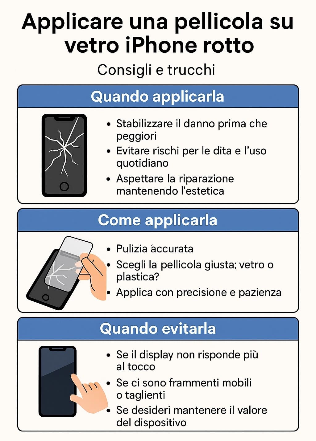 Infografica con consigli su quando e come applicare una pellicola protettiva su un iPhone con vetro rotto